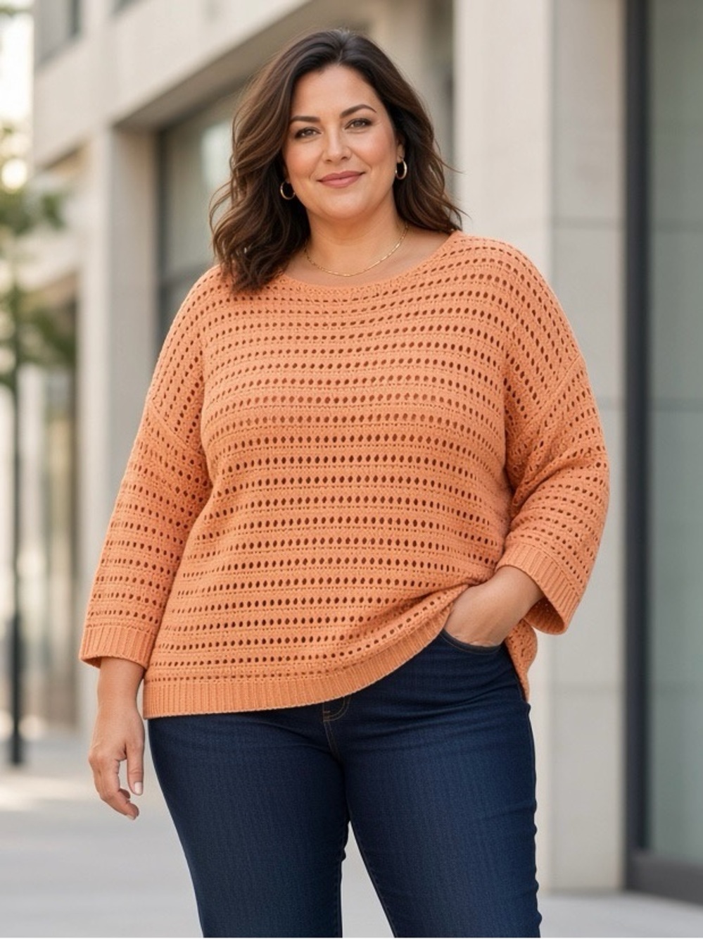 Coldwater Creek Drop Shoulder Pointelle Sweater Size 1X Color Sunset NWT
